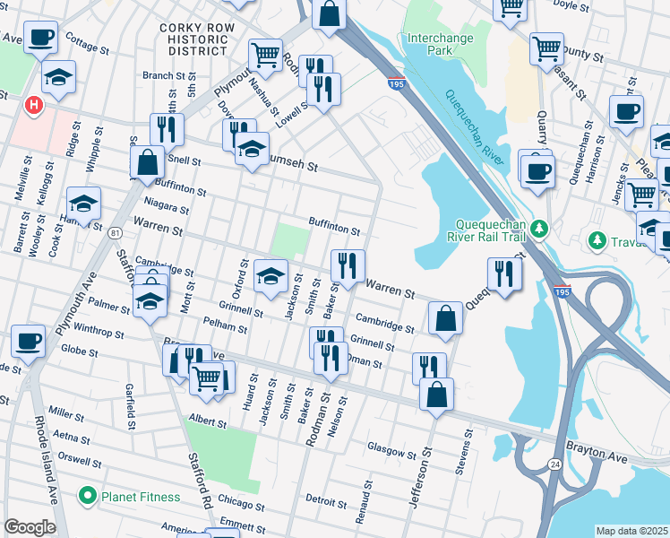 map of restaurants, bars, coffee shops, grocery stores, and more near 62 Smith Street in Fall River