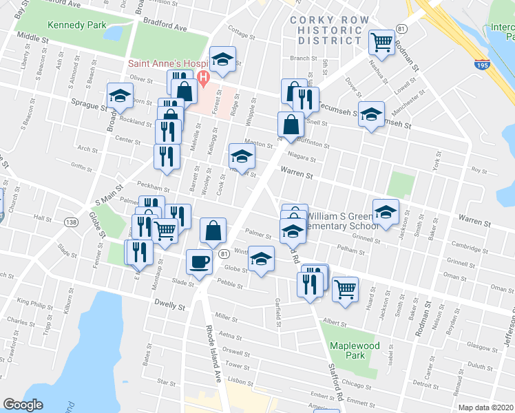 map of restaurants, bars, coffee shops, grocery stores, and more near 37 Stafford Road in Fall River