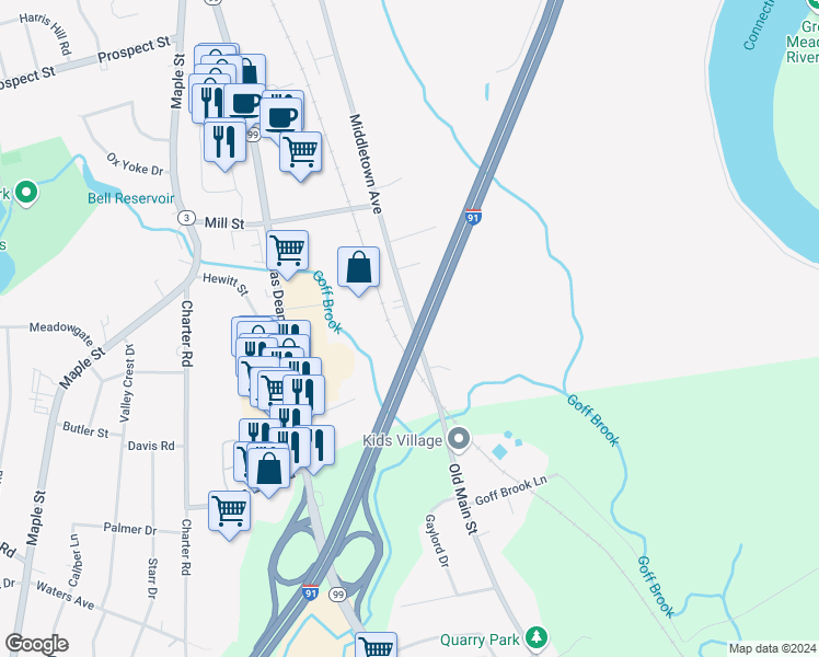 map of restaurants, bars, coffee shops, grocery stores, and more near 469 Middletown Avenue in Wethersfield
