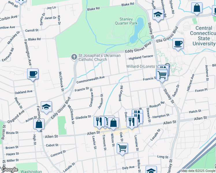 map of restaurants, bars, coffee shops, grocery stores, and more near 305 Francis Street in New Britain