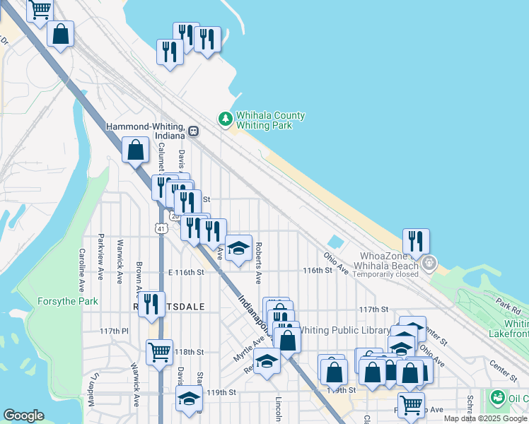 map of restaurants, bars, coffee shops, grocery stores, and more near 1401 Roberts Avenue in Whiting