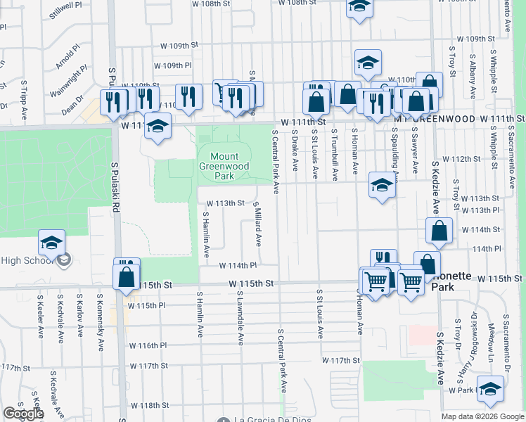 map of restaurants, bars, coffee shops, grocery stores, and more near 11248 South Central Park Avenue in Chicago
