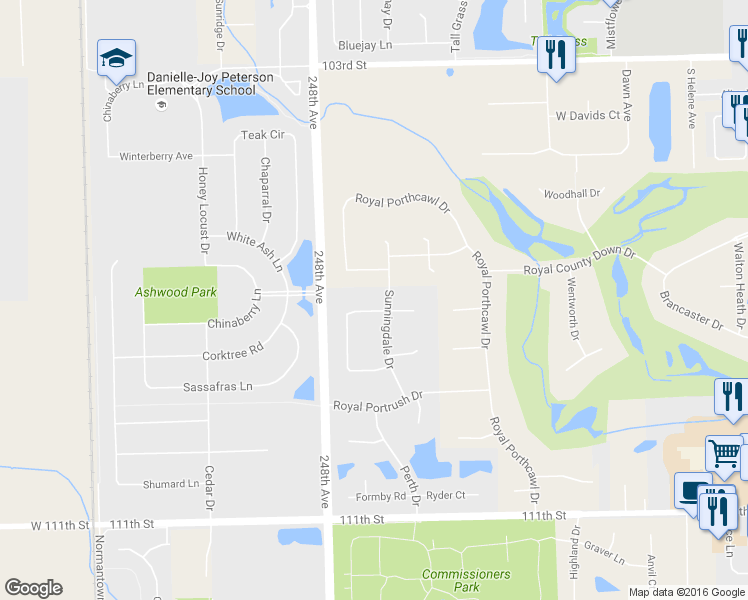 map of restaurants, bars, coffee shops, grocery stores, and more near 24715 Royal Lytham Drive in Naperville
