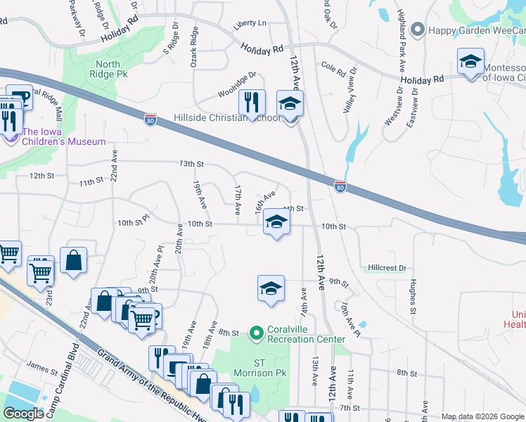 map of restaurants, bars, coffee shops, grocery stores, and more near 1011 16th Ave in Coralville