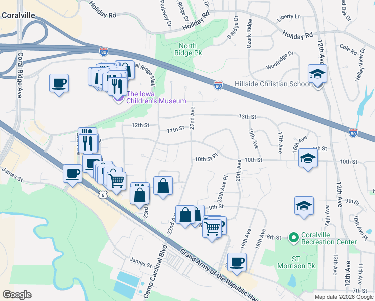 map of restaurants, bars, coffee shops, grocery stores, and more near 2203-2207 10th Street in Coralville