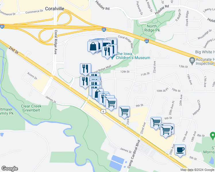 map of restaurants, bars, coffee shops, grocery stores, and more near 2422 10th Street in Coralville