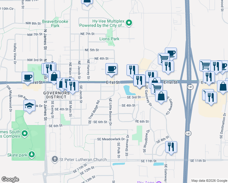 map of restaurants, bars, coffee shops, grocery stores, and more near 110 Southeast Little Beaver Court in Grimes