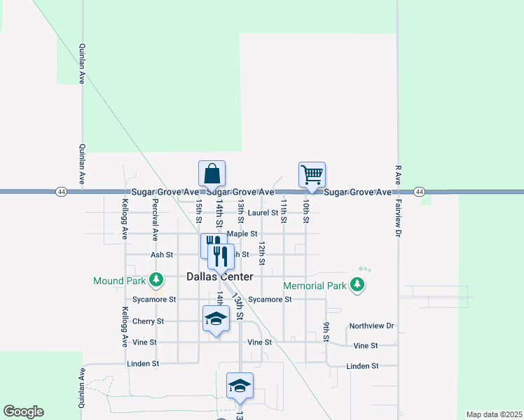map of restaurants, bars, coffee shops, grocery stores, and more near 1206 Sugar Grove Avenue in Dallas Center