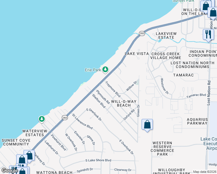 map of restaurants, bars, coffee shops, grocery stores, and more near 123 Traymore Boulevard in Eastlake