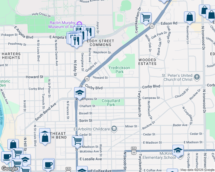 map of restaurants, bars, coffee shops, grocery stores, and more near 1318 Howard Street in South Bend
