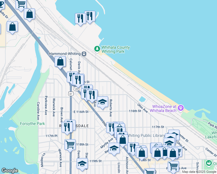 map of restaurants, bars, coffee shops, grocery stores, and more near 1401 Roberts Avenue in Whiting