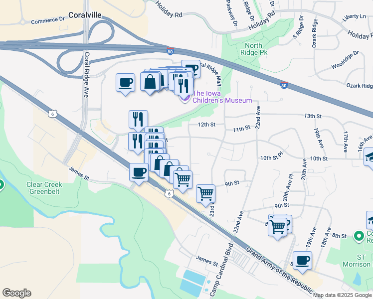 map of restaurants, bars, coffee shops, grocery stores, and more near 876 Boston Way in Coralville