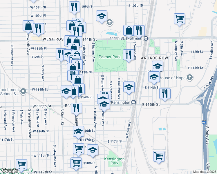 map of restaurants, bars, coffee shops, grocery stores, and more near 11358 South Forest Avenue in Chicago
