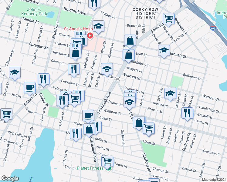 map of restaurants, bars, coffee shops, grocery stores, and more near 1150 Plymouth Avenue in Fall River