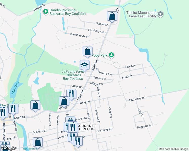 map of restaurants, bars, coffee shops, grocery stores, and more near 6 Wamsutta Avenue in Acushnet