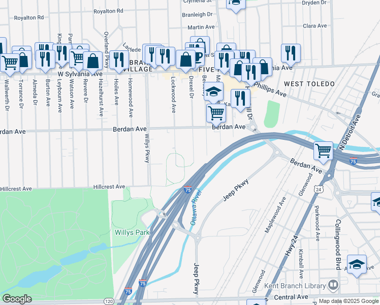 map of restaurants, bars, coffee shops, grocery stores, and more near 3625 Drexel Drive in Toledo