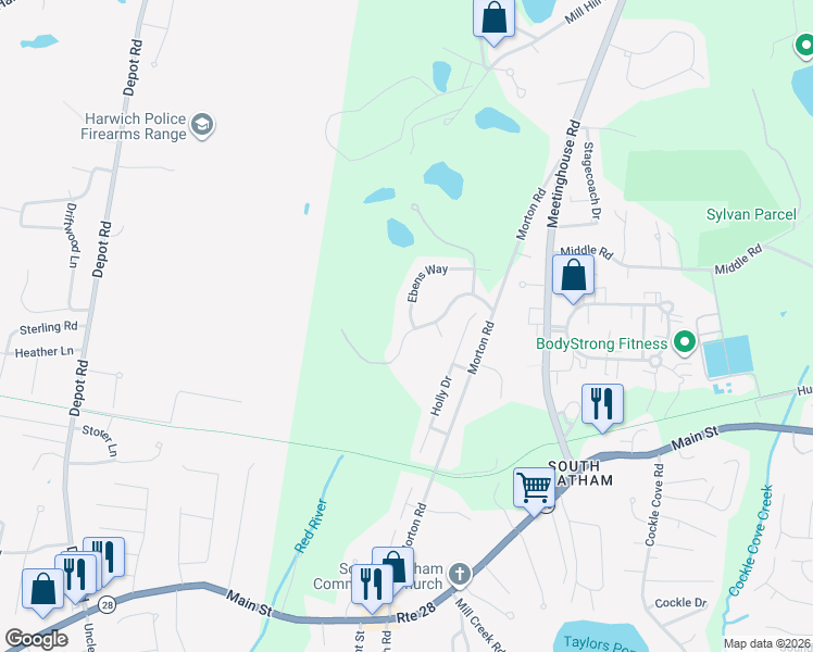 map of restaurants, bars, coffee shops, grocery stores, and more near 110 Tirrells Way in Chatham