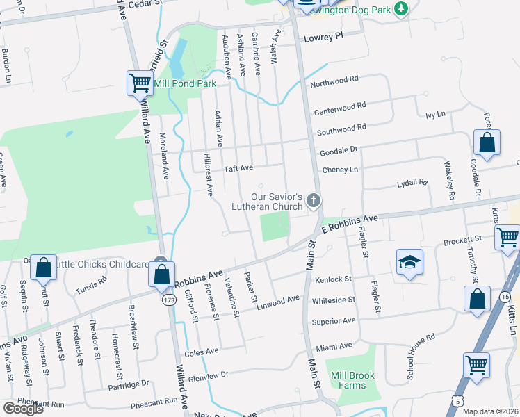map of restaurants, bars, coffee shops, grocery stores, and more near 17 Timber Lane in Newington