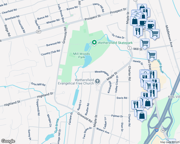 map of restaurants, bars, coffee shops, grocery stores, and more near 112 Meadowgate in Wethersfield