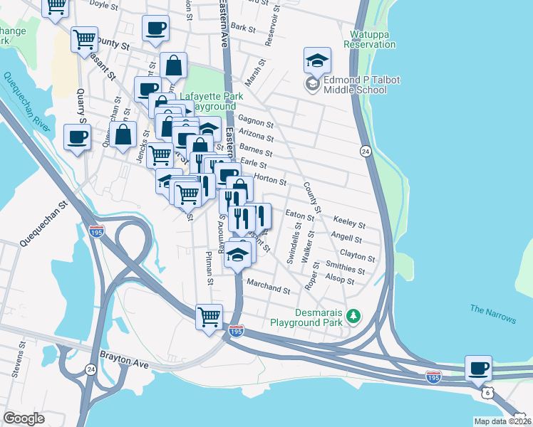 map of restaurants, bars, coffee shops, grocery stores, and more near 80 Irving Street in Fall River