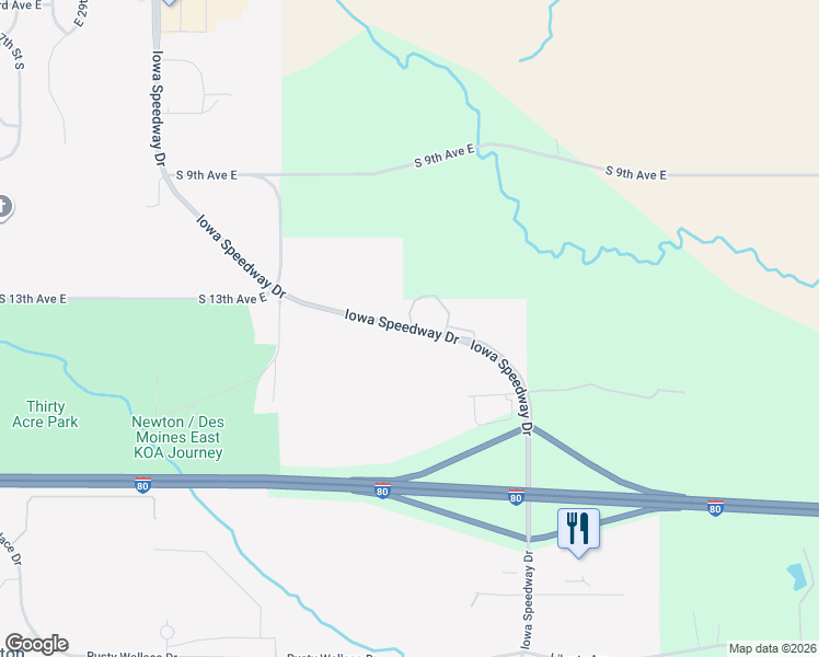 map of restaurants, bars, coffee shops, grocery stores, and more near Iowa Speedway Drive in Newton