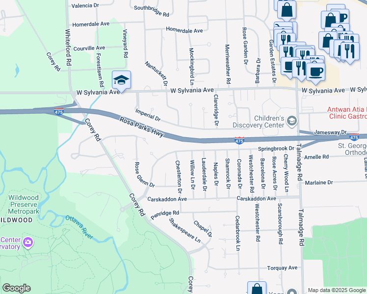 map of restaurants, bars, coffee shops, grocery stores, and more near 4708 Springbrook Drive in Toledo