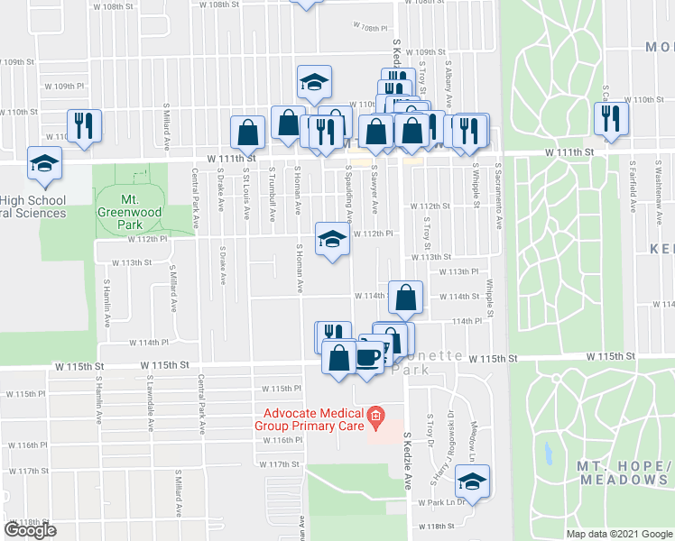 map of restaurants, bars, coffee shops, grocery stores, and more near 11314 South Spaulding Avenue in Chicago