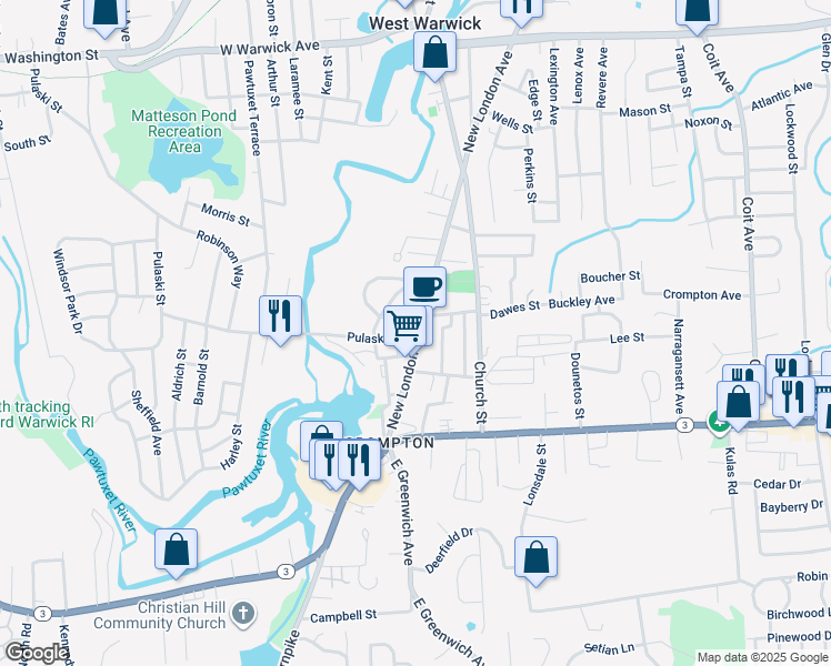 map of restaurants, bars, coffee shops, grocery stores, and more near 1639 Main Street in West Warwick