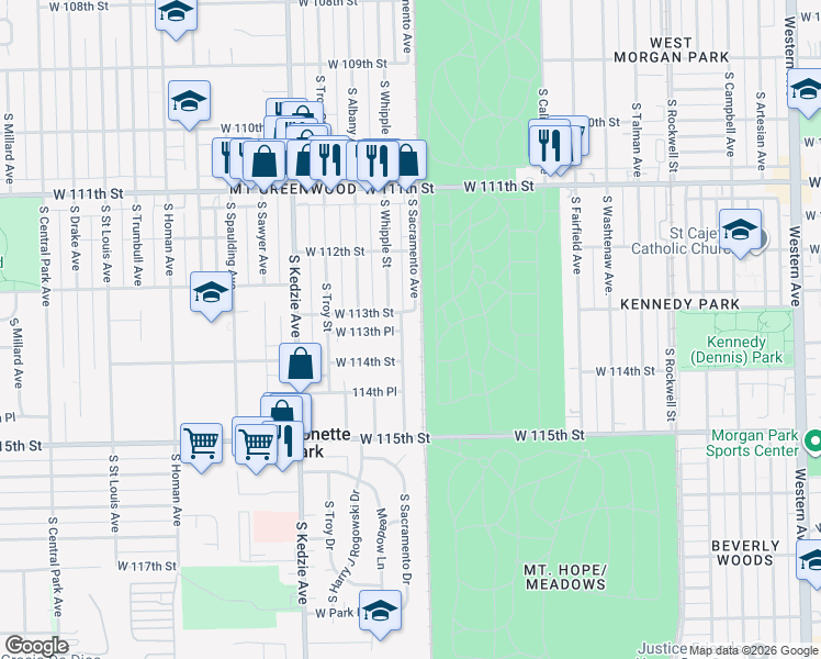 map of restaurants, bars, coffee shops, grocery stores, and more near 2600 West 113th Street in Chicago