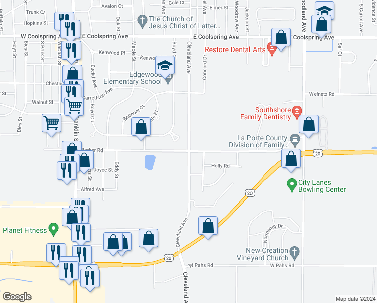 map of restaurants, bars, coffee shops, grocery stores, and more near 399 Barker Road in Michigan City