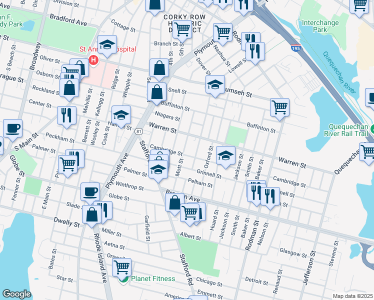 map of restaurants, bars, coffee shops, grocery stores, and more near 132 Mott Street in Fall River