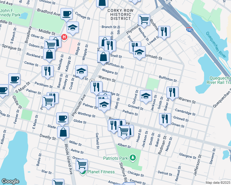 map of restaurants, bars, coffee shops, grocery stores, and more near 161 Foster Street in Fall River