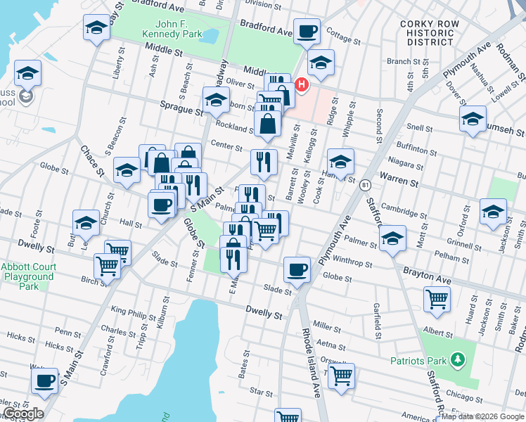 map of restaurants, bars, coffee shops, grocery stores, and more near 141 Peckham Street in Fall River