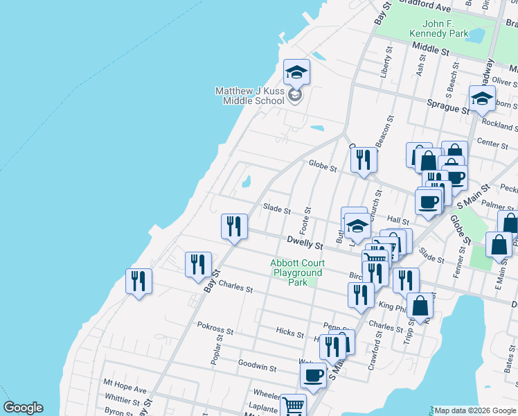 map of restaurants, bars, coffee shops, grocery stores, and more near 1030 Bay Street in Fall River