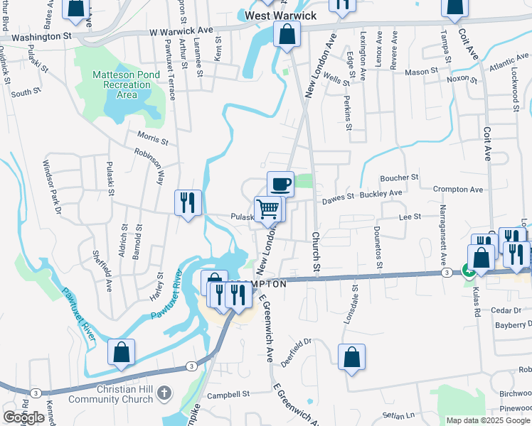map of restaurants, bars, coffee shops, grocery stores, and more near 38 Manchester Street in West Warwick