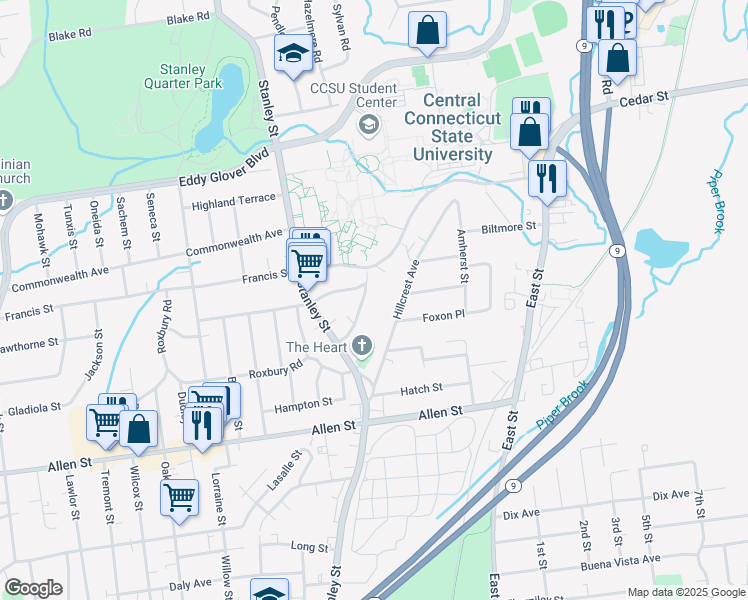 map of restaurants, bars, coffee shops, grocery stores, and more near 126 Hillcrest Avenue in New Britain