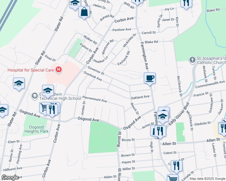map of restaurants, bars, coffee shops, grocery stores, and more near 17 Selander Street in New Britain