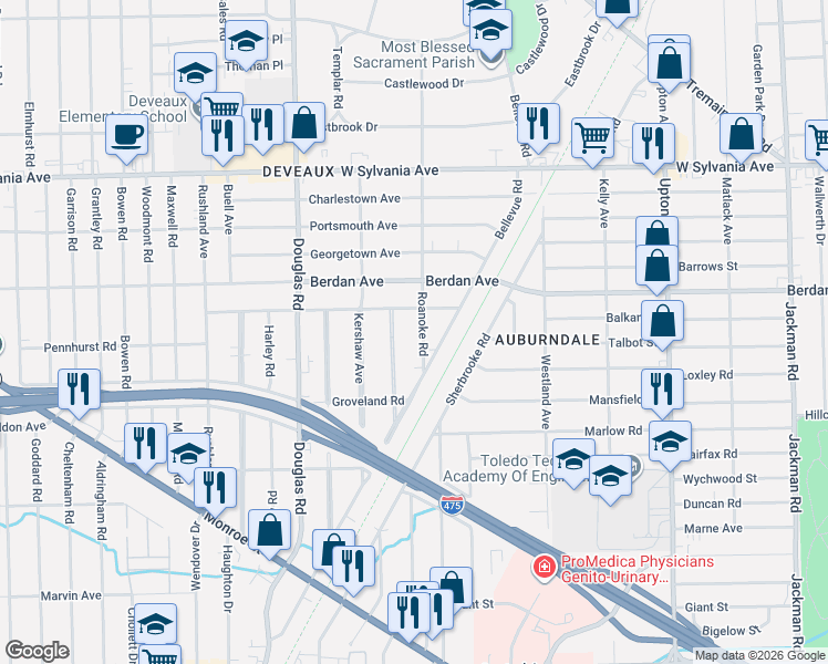 map of restaurants, bars, coffee shops, grocery stores, and more near 3729 Roanoke Road in Toledo