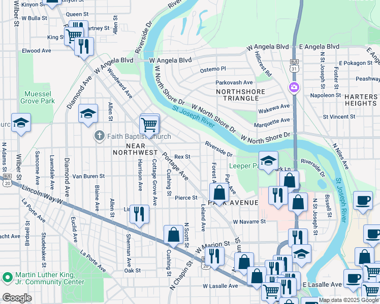 map of restaurants, bars, coffee shops, grocery stores, and more near 919 Leland Avenue in South Bend