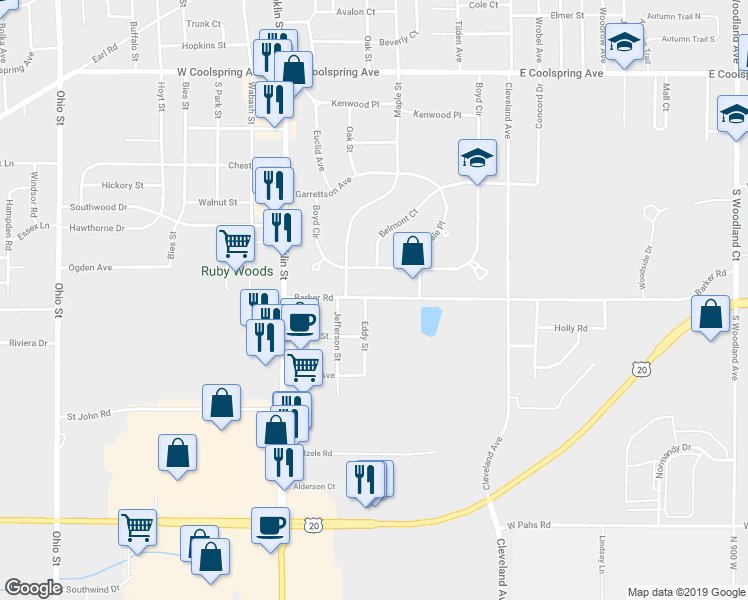 map of restaurants, bars, coffee shops, grocery stores, and more near 206 Barker Road in Michigan City