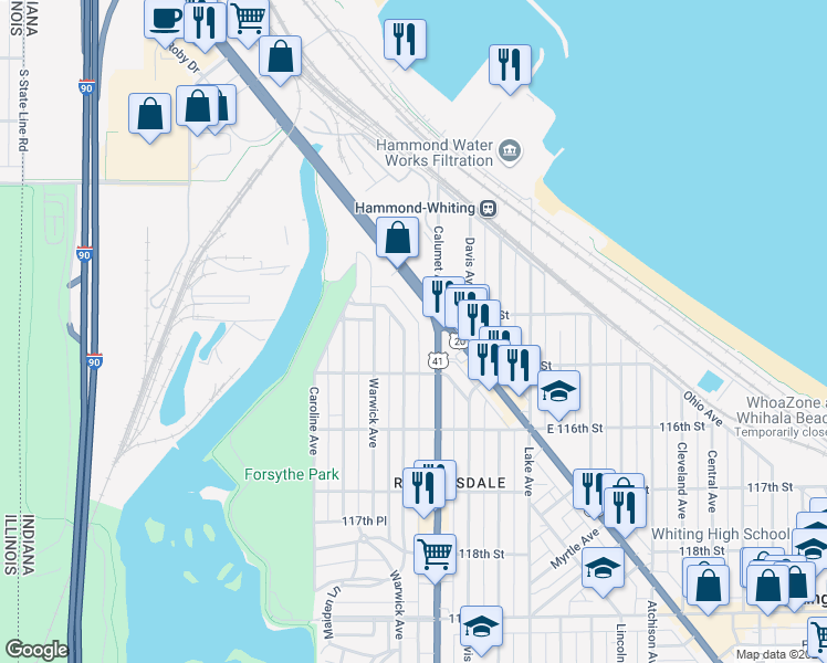 map of restaurants, bars, coffee shops, grocery stores, and more near 1415 Brown Avenue in Whiting