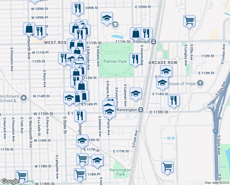 map of restaurants, bars, coffee shops, grocery stores, and more near 11337 South Prairie Avenue in Chicago