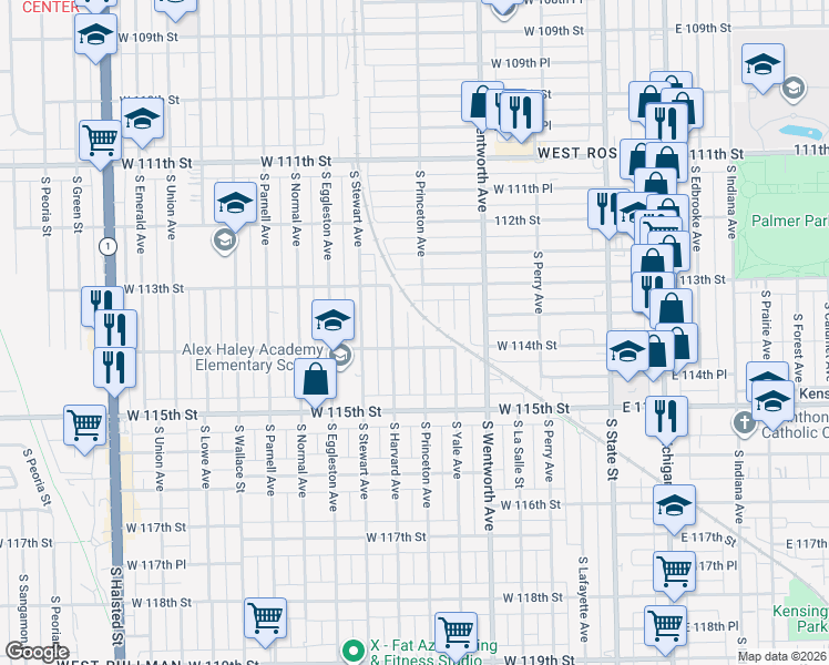 map of restaurants, bars, coffee shops, grocery stores, and more near 11327 South Princeton Avenue in Chicago