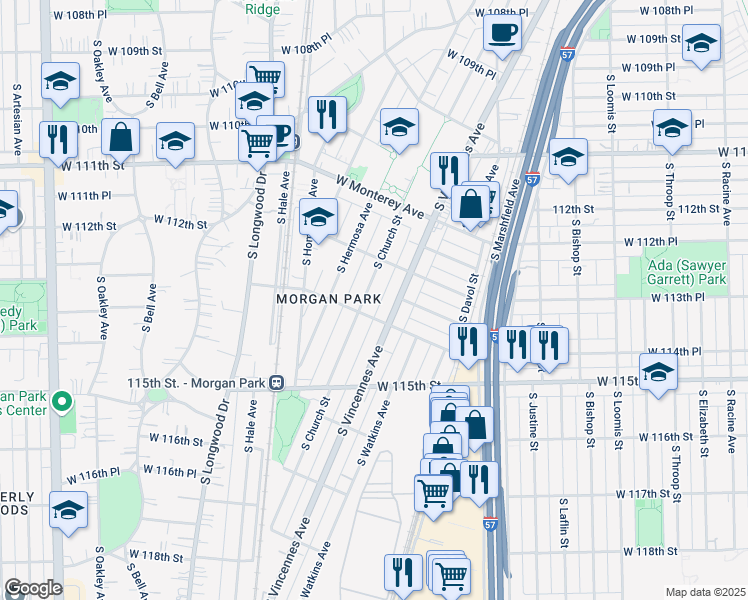map of restaurants, bars, coffee shops, grocery stores, and more near 11326 South Church Street in Chicago