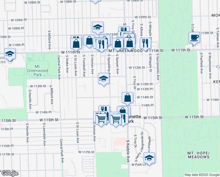 map of restaurants, bars, coffee shops, grocery stores, and more near 11314 South Spaulding Avenue in Chicago