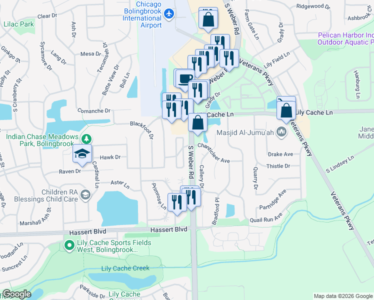 map of restaurants, bars, coffee shops, grocery stores, and more near 405 Inner Circle Drive in Bolingbrook