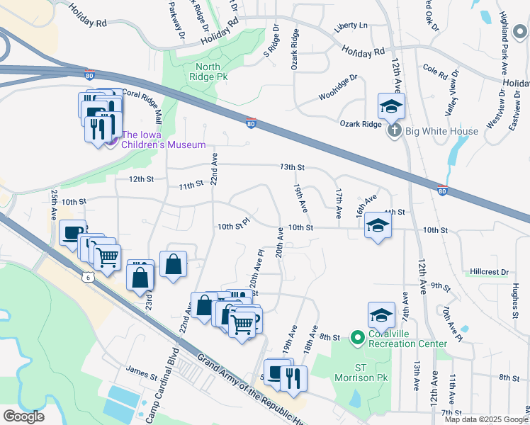 map of restaurants, bars, coffee shops, grocery stores, and more near 1009-1011 20th Avenue in Coralville