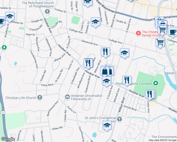 map of restaurants, bars, coffee shops, grocery stores, and more near 200 Hooker Avenue in Poughkeepsie