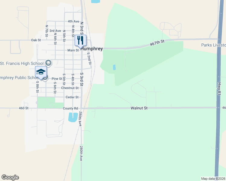 map of restaurants, bars, coffee shops, grocery stores, and more near 500-698 Lenard Avenue in Humphrey