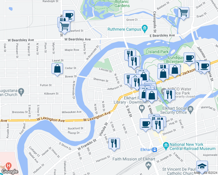 map of restaurants, bars, coffee shops, grocery stores, and more near 406 Jefferson Street in Elkhart